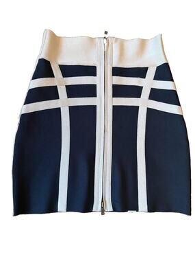 Herve Leger Bandage Mini Skirt M Navy Cream Geometric Bodycon Double Zip Y2K GUC